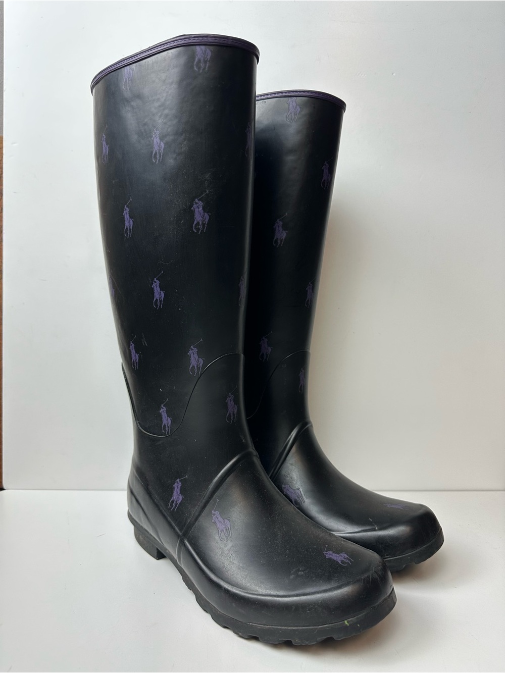 Ralph Lauren Black And Purple Pony Rubber Rain Boots